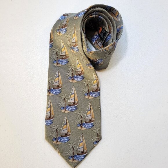 Tango Mens Coastal Silk Tie Sailboat Palm Tree Nautical Neutral Beach Long - Picture 3 of 8